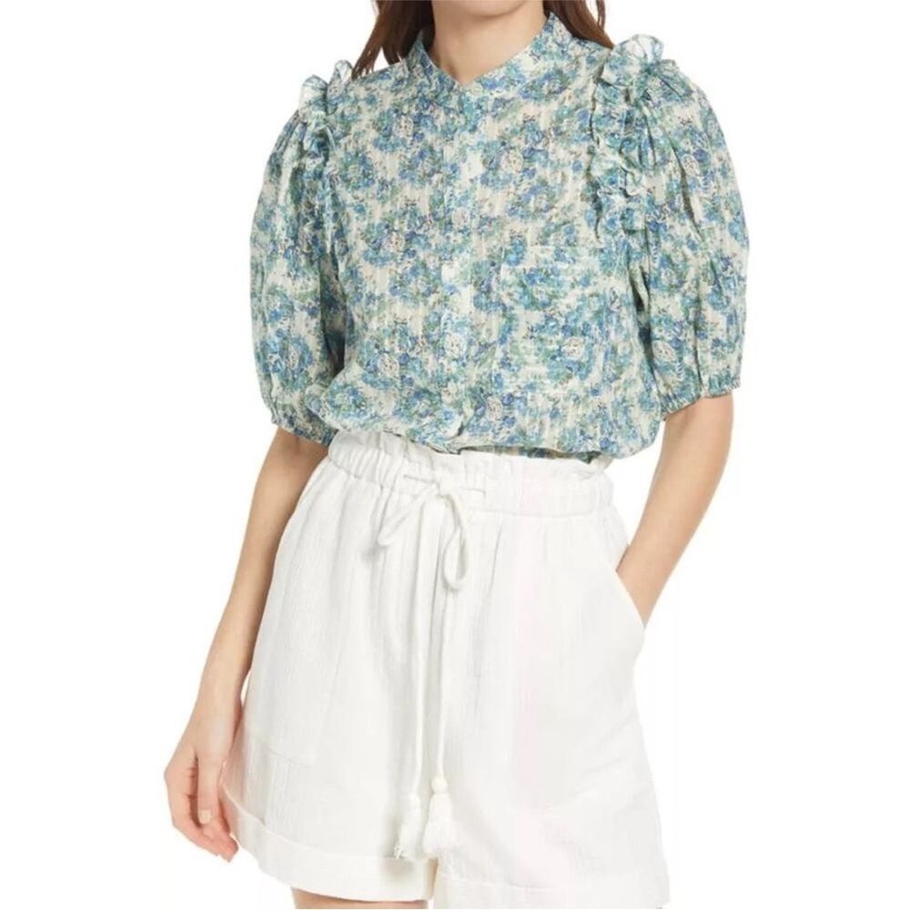 FRNCH Olga Floral Print Cotton Ruffle Top Blue Green Boho Cottagecore Small